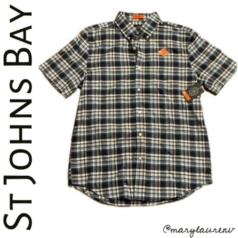 NEW St. John’s Bay Comfort Flex Short Sleeve Button Down Polo Plaid -Sz Mens M-